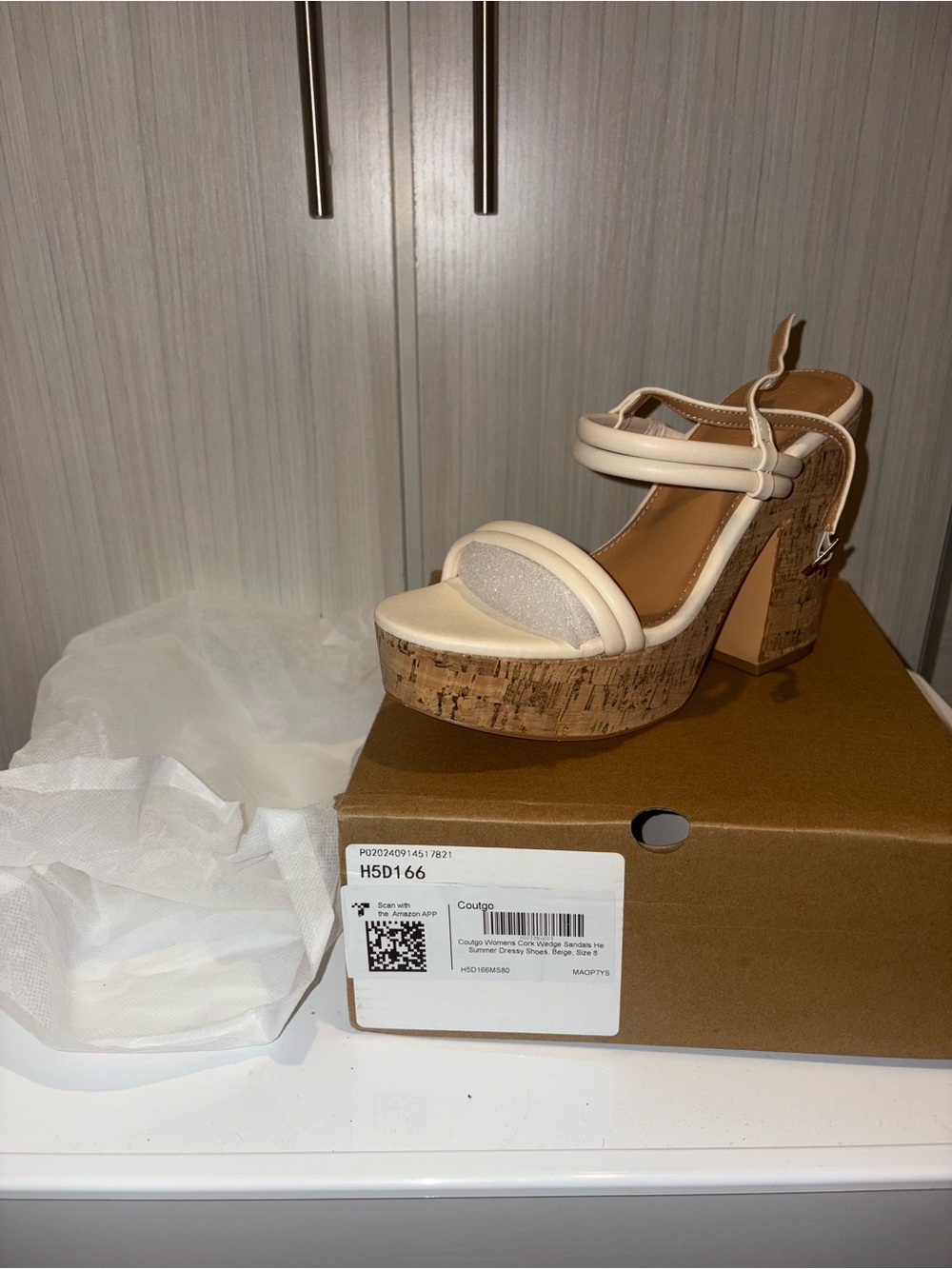 Platform Cork Block Heel Sandals in Cream